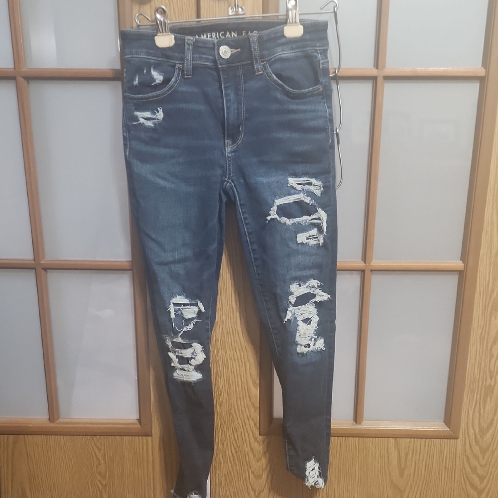 American Eagle Outfitters Women's Hi Rise Jegging Crop Distressed Blue Jeans